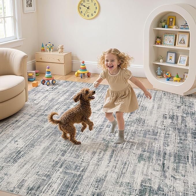 Area Rug for Living Room: 10x12 Washable Neutral Abstract Modern Soft Rugs Non Slip Indoor Floor Stain Resistant Large Carpet for Bedroom Dining Room Office Nursery - Gray