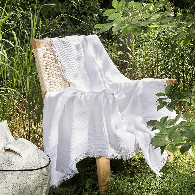 MooMee Muslin Blanket - 100% Cotton 4-Layer Gauze Throw Blanket with All-Around Fringe, Ultra-Soft Breathable Lightweight Cooling Decorative for Bed, Sofa & Couch (Bright White,Throw 60" x 50")