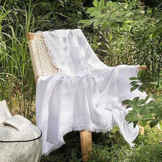 MooMee Muslin Blanket - 100% Cotton 4-Layer Gauze Throw Blanket with All-Around Fringe, Ultra-Soft Breathable Lightweight Cooling Decorative for Bed, Sofa & Couch (Bright White,Throw XL 50" x 70")