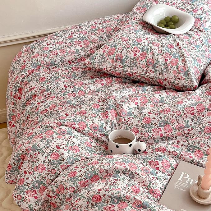 HighBuy Girl Duvet Cover Twin XL Pink Floral Bedding Set - Shabby Chic Boho Cotton Coquette Duvet Cover Set Twin Size - Comforter Cover Set,3 Piece Bed Set(1 Duvet Cover 68"x90" and 2 Pillow Shams)