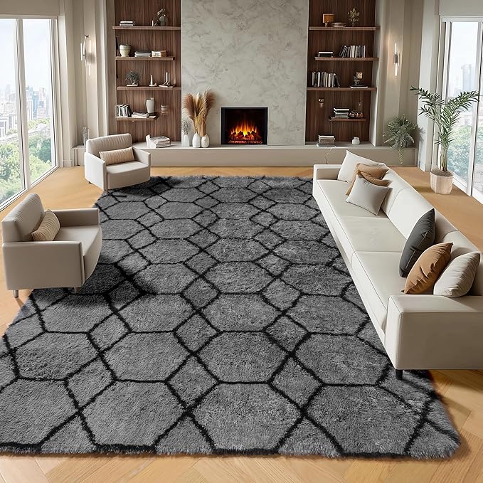 ONASAR 8x10 Area Rugs for Living Room, Fluffy Grey and Black Bedroom Rug, Washable Geometric Boho Large Soft Plush Shaggy Fuzzy Floor Carpet for Nursery Kids Classroom Playroom Dorm Home Decor