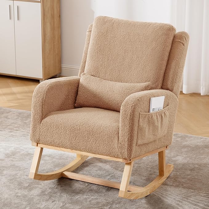 Rocking Chair Nursery, Nursing Rocking Chairs, Upholstered Nursery Glider Rocker Wingback Morden Rocking Chair with Lumbar Pillow for Mom Nursery, Living Room, Bedroom, Teddy Khaki