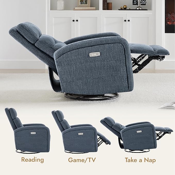 Watson & Whitely Swivel Power Recliner Glider Rocker, Small Recliner with Charging Port for Living Room, Fabric in Blue