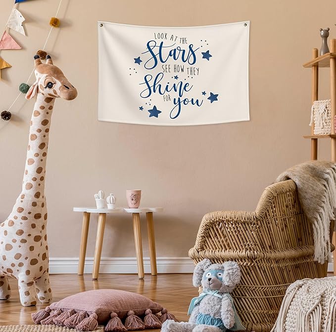 Boho Rectangular Banner Flag Wall Sign Decor Gift for Boy Girl Kids,Nursery Baby Room Above Crib Bedroom Playroom Living Room Wall Decor-Look At the Stars See-Baby Shower Birthday Christmas Gift