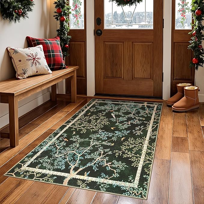 jinchan Yarden Botanical Birds 3x5 Moss Green Christmas Area Rugs for Entryway - Washable Non-Slip Soft Nature Plants Modern Kids Room Carpet,Vintage Low Pile Rug for Living Room Bathroom Front Door