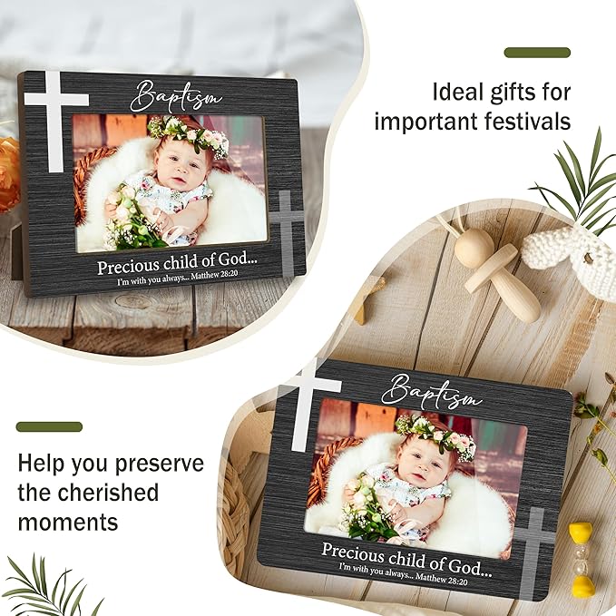 First Christmas Baby Picture Frame - Precious Child of God Baptism Gifts for New Mom Grandparent Newborn Nursery 4 X 6 Inch Gender Reveal Decorations Wood Picture Frame - A10