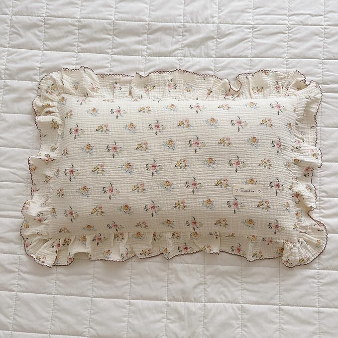 BuLuTu Cotton Muslin Kids Toddler Pillowcase with Cute Azalea Flowers Pattern Super Soft Crib Nursery Pillowcase for Boys,Girls,Bedding Decor Machine Washable, Durable Pillowcase,1 Piece,14"x20"