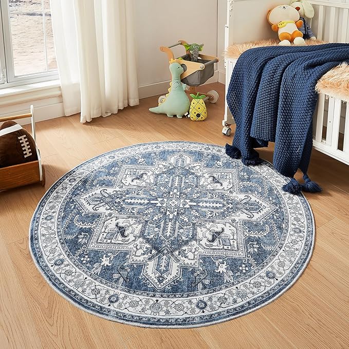 WITSHOCK Area Rug Round Rugs, 4Ft Oriental Circle Area Rugs for Living Room Machine Washable Non Slip Stain Backing Rug Soft Foldable, Vintage Rugs Home Office Kitchen Hallway Bedroom, Blue