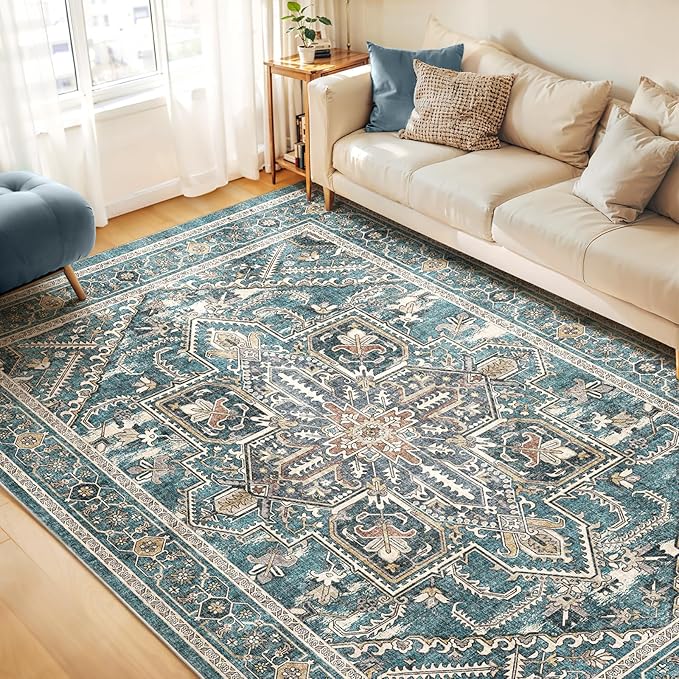 WITSHOCK Living Room Area Rugs 9x12: Washable Rug Boho Soft Non-Slip Low Pile Stain Resistant Foldable Carpet for Bedroom Playroom Dining Room Office Kitchen Farmhouse Home Decor Rug-Dull Teal