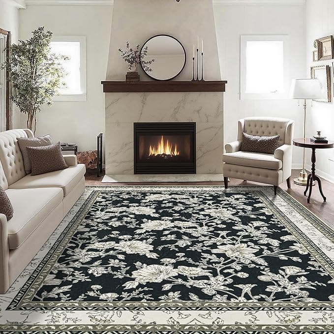 Boho Dining Room Rugs for Under Table 7x9 Washable Black Cream Beige Floral Design Sketch Style Area Rug for Living Room, Low Pile Non-Slip for Bedroom Under Bed Aesthetic Boho Farmhouse Decor