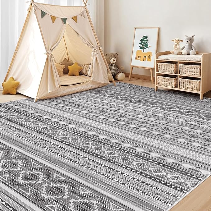 Area Rugs for Living Room Washable Living Room Rug Soft Neutral Indoor Floor Carpet Non-Slip Stain Resistant Modern Boho Rugs for Bedroom Dining Room Kids Room Nursery Office Home Grey/Beige