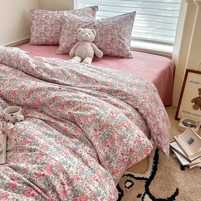 HighBuy Girl Duvet Cover Full Pink Floral Bedding Set - Shabby Chic Boho Cotton Coquette Duvet Cover Set Twin Size - Comforter Cover Set,3 Piece Bed Set(1 Duvet Cover 80"x90" and 2 Pillow Shams)