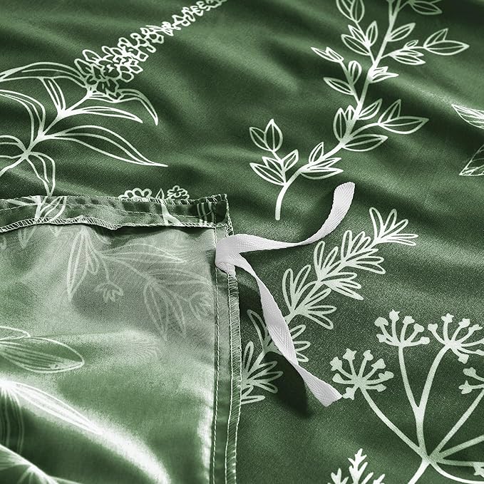 MUXHOMO Duvet Cover Queen Size, Reversible Floral Dark Green Duvet Cover Set with Zipper Closure, 3 Pieces Botanical Patterns Soft Microfiber Bedding Set with 4 Ties (90"x90", 2 Pillow Cases)