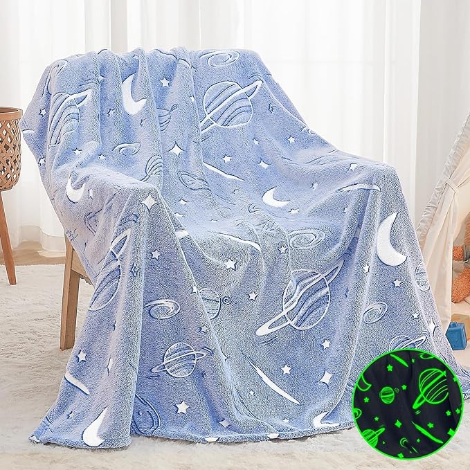 inhand Blue Glow in The Dark Blanket Space Toys Birthday Gifts for Boys Cute Kids Blanket and Funny Space Planet Moon Galaxy Room Decor for Age1 2 3 4 5 6 7 8 9 10 Year Old (30''x40''Blue)