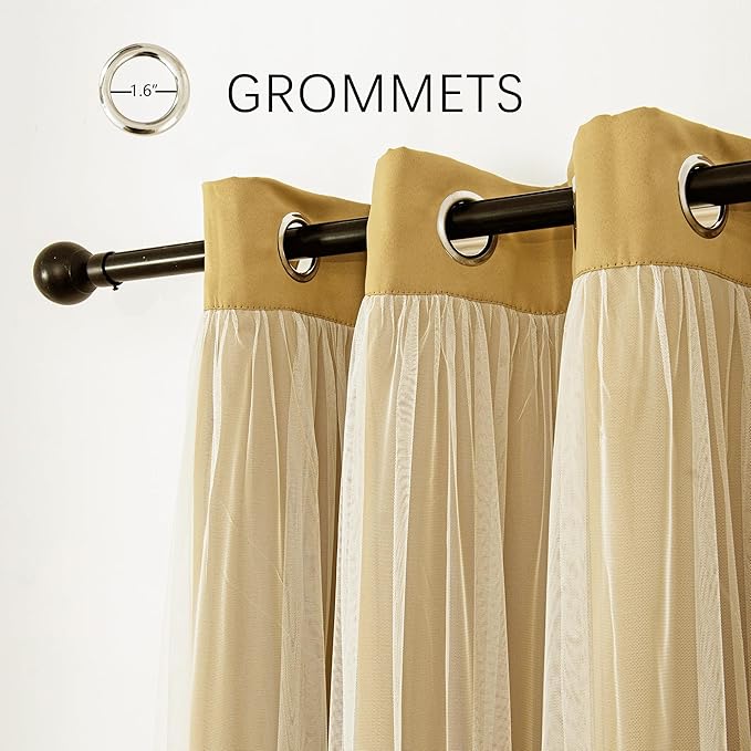 INLINAS Gold Blackout Curtains with Sheer Overlay - Grommet Top Thermal and Noise Reduction Panels for Bedroom and Living Room Light Blocking and Energy Saving, 52 x 108 Inches, Set of 2