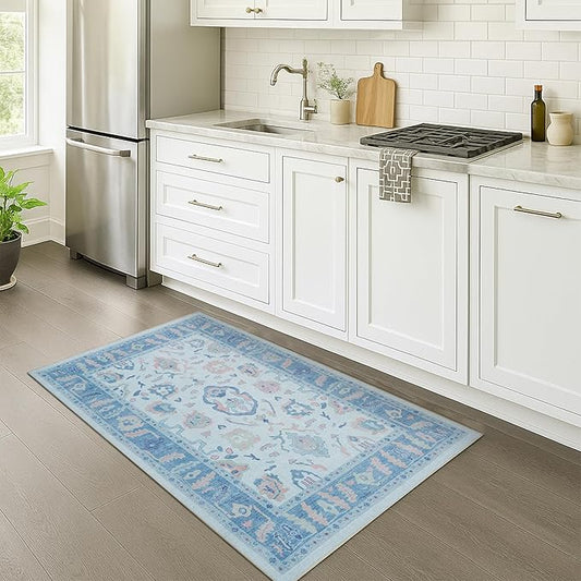 Fame Rugs Blue Modern Oushak Rug 3x5, Washable Vintage Turkish Colorful Oriental Antique Inspired Foldable Small Area Rugs, Luxury Living Room Bedroom (995BB, 2'6" x 5')