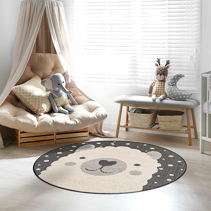 Hauteloom Kids Room, Nursery Round Area Rug - Outdoor Patio Safe - Animal Baby Elephant Playroom Carpet - Beige, Gray, Black, Cream - 5'3"