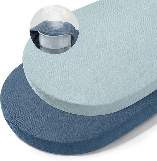 Basumee Muslin Bassinet Sheets for Baby Girl Boy 2 Pack Soft Breathable Baby Bedside Bassinet Fitted Sheets with Bottom Elastic Band 33''x17''x4'' Mattress Cover for Rectangle Oval Hourglass Bassinets