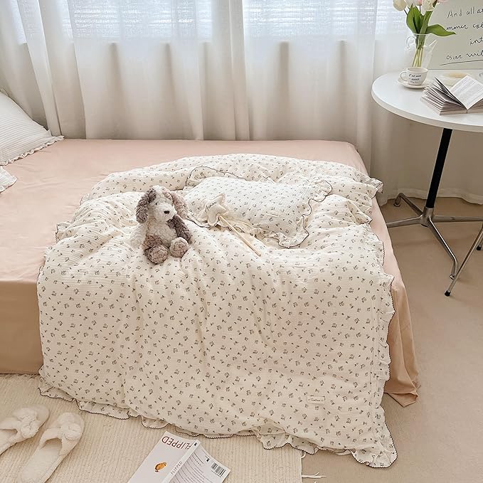 AOJIM Muslin Baby Kids Duvet Cover with Ruffled Edges for Boys Girls, 1 Piece Pure Cotton Toddler Comforter Cover 59X79'', Rose Pattern Kids Bedding 2-Layer Gauze, No Quilt or Pillowcases