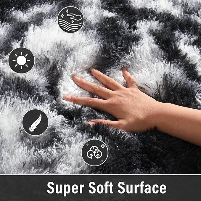 Merelax Soft Area Rugs for Livingroom Bedroom, Shaggy Plush Fuzzy Fluffy Carpet Furry Fur Rug, Modern Indoor Comfy Nursery Kids Dorm Home Decor Floor Mat, 4 x 6 ft, Tie-Dyed Black & White