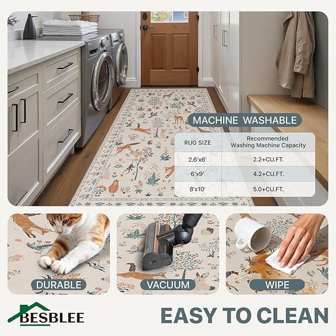 Runner Rug Non Slip 2'6''x 10', Floral Animal Print Rug Machine Washable Rug, Non Slip Low Pile Hallway Runner Carpet for Kitchen, Laundry, Bedroom, Bathroom, Beige