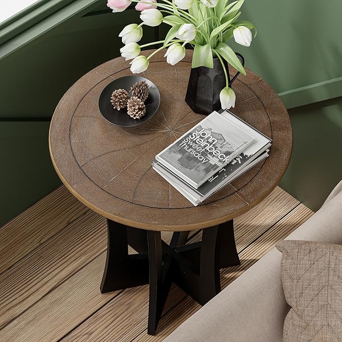 COZAYH Farmhouse Round End Table X 2P with Criss-Cross Wood Legs, Rustic French Country Side Table for Dinning or Living Room, Modern, Black, Natural Wood