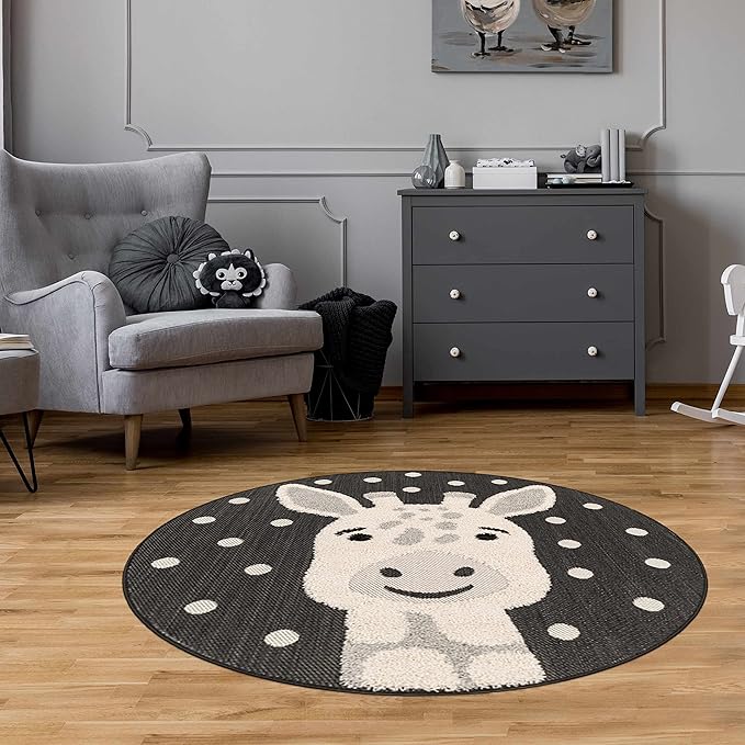 Hauteloom Kids Room, Nursery Round Area Rug - Outdoor Patio Safe - Animal Baby Giraffe Playroom Carpet - Beige, Gray, Black, Cream - 7'10"