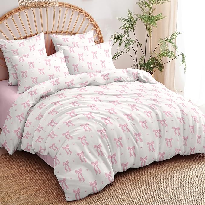 Bow Bedding Duvet Cover Queen Size Pink White Heart Bowknot Bedding Set 3 Pieces Kids Girls Princess Style Cute Love Pattern Bowknot Soft Breathable Microfiber Duvet Cover
