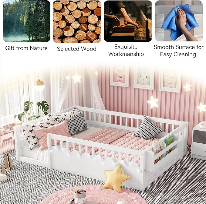 Full Toddler Floor Bed with High Rails, Wooden Montessori Bed Frame with Light and Storage Shelf, Full Size Bed Frame for Kids, Boys and Girls, White