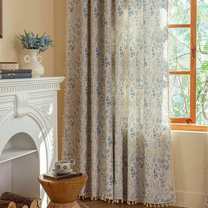 OYX Blue Floral Light Filtering Boho Curtains 63 Inch Long 2Panels For Living Room, Country Farmhouse Rustic Vintage French Drapes, Flower Printed Rod Pocket Privacy Decor Drapes For Bedroom Aesthetic