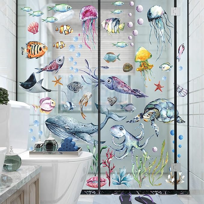LiveGallery Ocean Life Wall Decals Under The Sea Wall Stickers Whale Jellyfish Clownfish Sea Turtle Cuttlefish Shell Seaweed Conch Coral Wall Decorations for Kids Bedroom Living Room Nursery