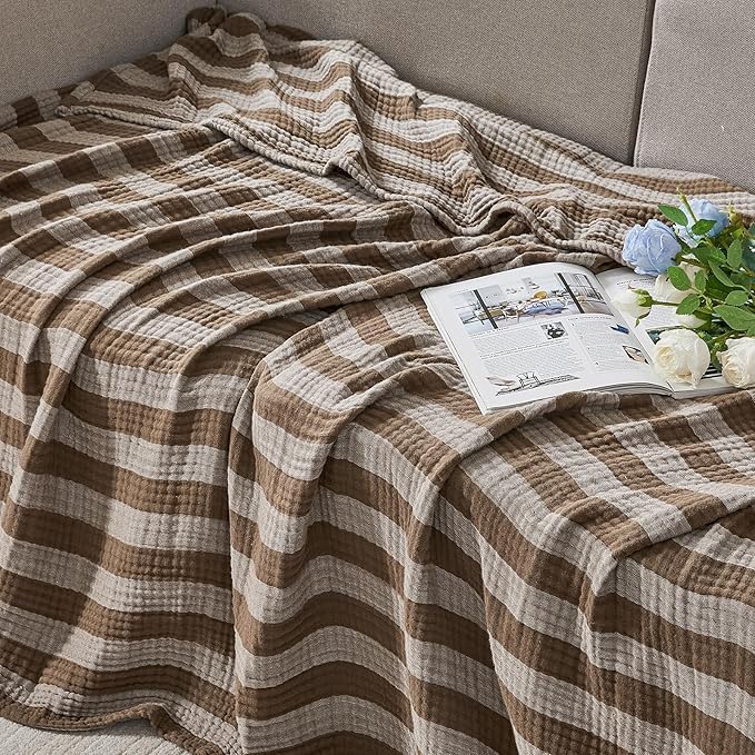 EMME Cotton Muslin Queen Blanket Bed Layering Bedspread Coverlet Breathable Gauze Soft Lightweight Adults (Striped Brown, 90"x90")
