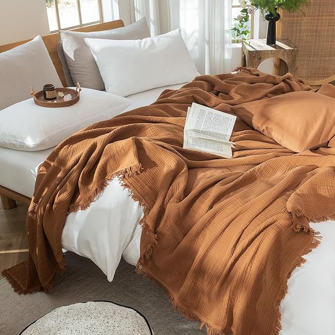 MooMee Muslin Blanket - 100% Cotton 4-Layer Gauze Throw Blanket with All-Around Fringe, Ultra-Soft Breathable Lightweight Cooling Decorative for Bed, Sofa & Couch (Drak Orange, Queen 90" x 90")