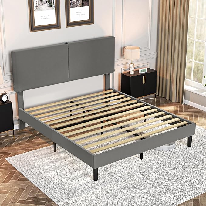 VECELO Queen Bed Frame with Type-C & USB Ports, Upholstered Platform Height-Adjustable Cotton and Linen Headboard, No Box Spring Needed, Noise-Free, Easy Assembly, Dark Gery