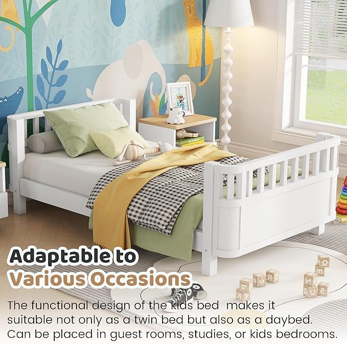 Twin Size Montessori Bed with Guardrails, Wood Kids Bed Frame with Slats Support, Low to Ground Modern Baby Bed with Removable Side Rails for Boys Girls Bedroom Living Room, White