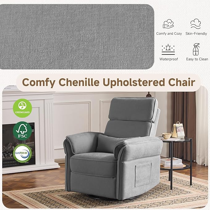 MELLCOM Power Recliner Rocking Chair Nursery Gliders with Adjustable Armrests and Headrest, Swivel Electric Glider Reclining Nursing Chair with USB Port and Storage Bags, FSC Certified