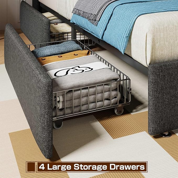 LED King Size Bed Frame with 4 Storage Drawers, Upholstered King Bed Frame with 2-Tier Headboard and Charging Station, No Box Spring Needed, Easy to Assembly - Dark Grey