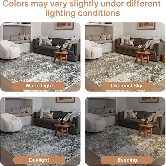 GENIMO Washable 5x7 Area Rugs for Living Room, Non Slip Modern Abstract Rug, Machine Washable Stain Resistant Low Pile Soft Carpet for Bedroom, Dining, Office, Black Grey