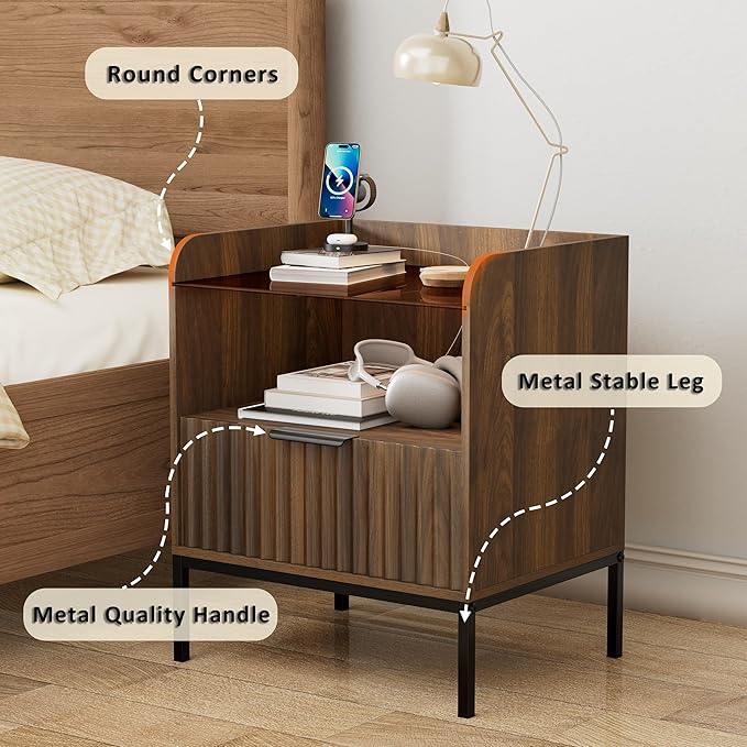 Mid Century Modern Nightstand with Charging Station, Fluted Night Stand, Bedside Table with Glass Top & Metal Legs, Wood End Table for Bedroom, Living Room (Walnut)