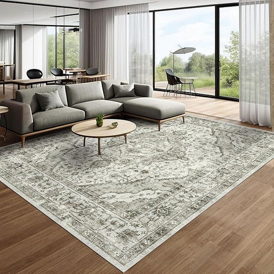Deerly Boho Area Rug 9x12 Rugs for Living Room Distressed Area Rugs, Non Slip Washable Rugs Large Rug for Bedroom Dining Room Office, Floor Decoration 9 x 12 Rug (Cream)