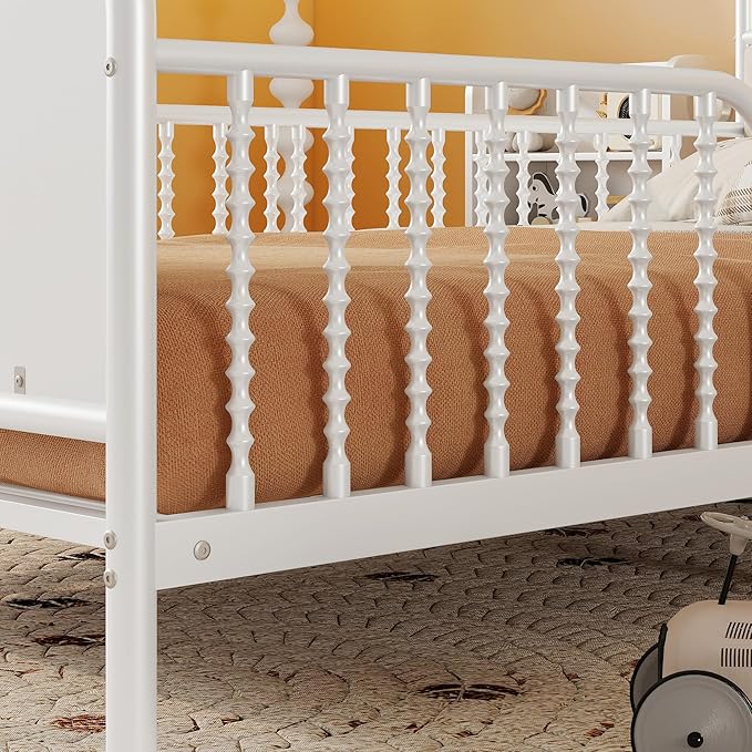 Ball & Cast Twin Size Toddler Bed W/LED Light,Metal Bed W/Storage Headboard & 2 3-Tiers Storage Shelves,Platform Bed Frame W/Safety Guardrails & Low Profile Design,for Boys Girls,White