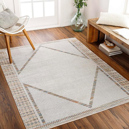 Mark&Day Washable Rugs, 7ft Round El Dorado Global Beige Area Rug, Oatmeal Gray Dark Blue Carpet for Living Room, Bedroom or Kitchen (6'7" Round,Machine Washable)