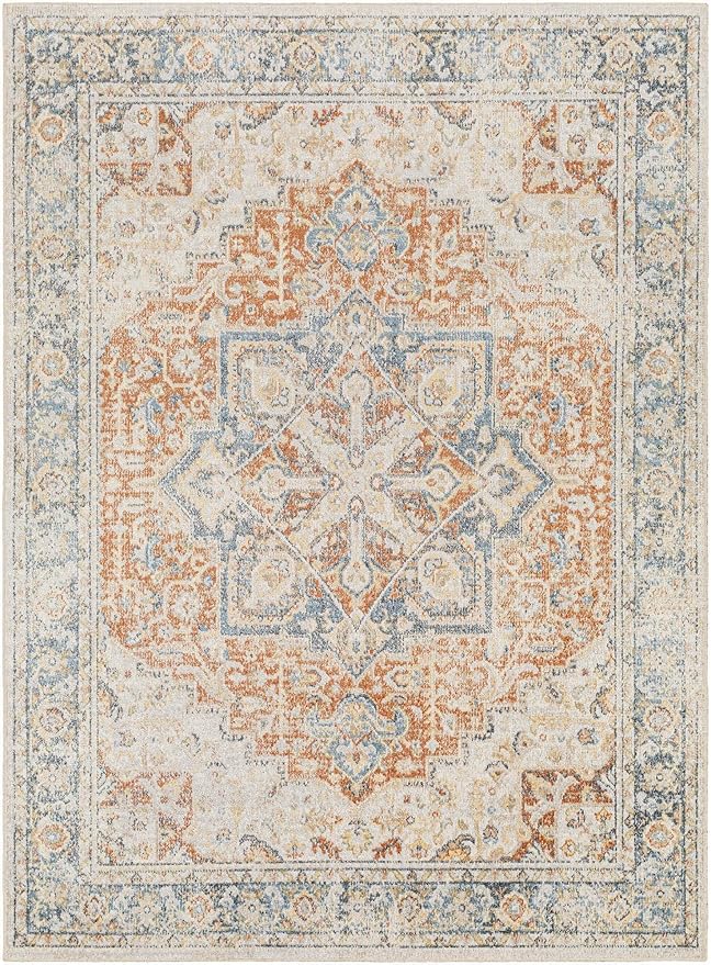 Mark&Day Washable Rugs, 7ft Round Hollenberg Traditional Burnt Orange Area Rug, Orange Blue Beige Carpet for Living Room, Bedroom or Kitchen (6'7" Round, Machine Washable)