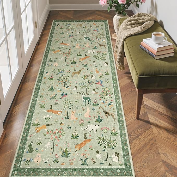 Runner Rug Non Slip 2'6''x 6', Floral Animal Print Rug Machine Washable Rug, Non Slip Low Pile Hallway Runner Carpet for Kitchen, Laundry, Bedroom, Bathroom, Light Green