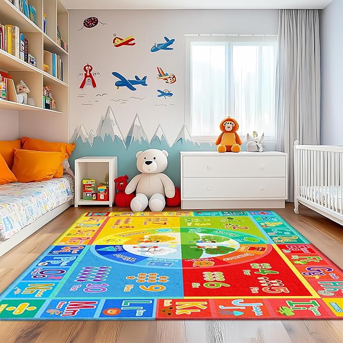 5x7 Kids Rug for Classroom & Playroom - ABC Alphabet Educational Area Rug with Animals Numbers & Colors - Non-Slip Carpet Playmat for Nursery Preschool Elementary
