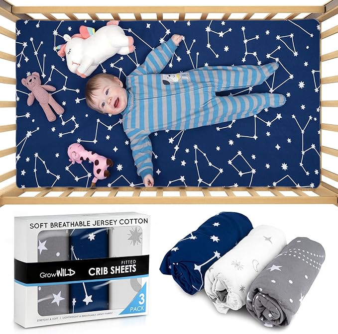 Fitted Unisex Crib Sheets (3 Pack) by GROW WILD - Jersey Knit Cotton Crib Sheets for Boys or Girls, 52” x 28” x 9” Crib Bedding Set (Moon, Stars and Constellation)