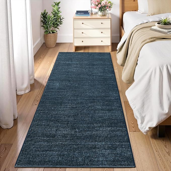 Washable Runner Rug 2x6 Modern Solid Color Kitchen Runner Mat Minimalist Plain Long Runner Rug for Entryway Bedroom Bedside Non Slip Low Pile Boho Accent Solid Runner Rugs for Nursery, Navy 2'x6'