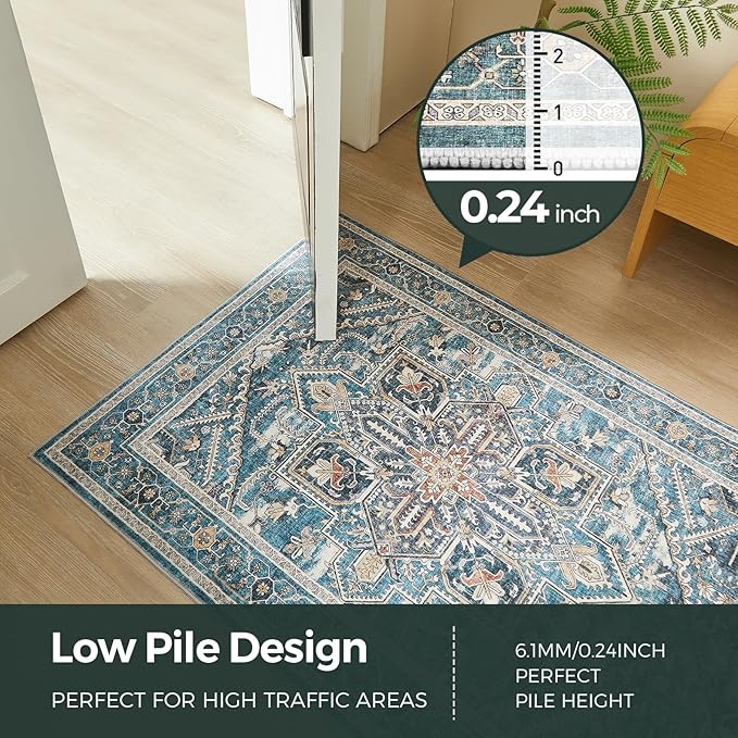 WITSHOCK Extra Long Runner Rug for Hallway 2x15: Washable Vintage Boho Low Pile Stain Resistant Foldable Carpet for Bedroom Entryway Indoor Entrance, Neutral Distressed Farmhouse Home Decor, Teal