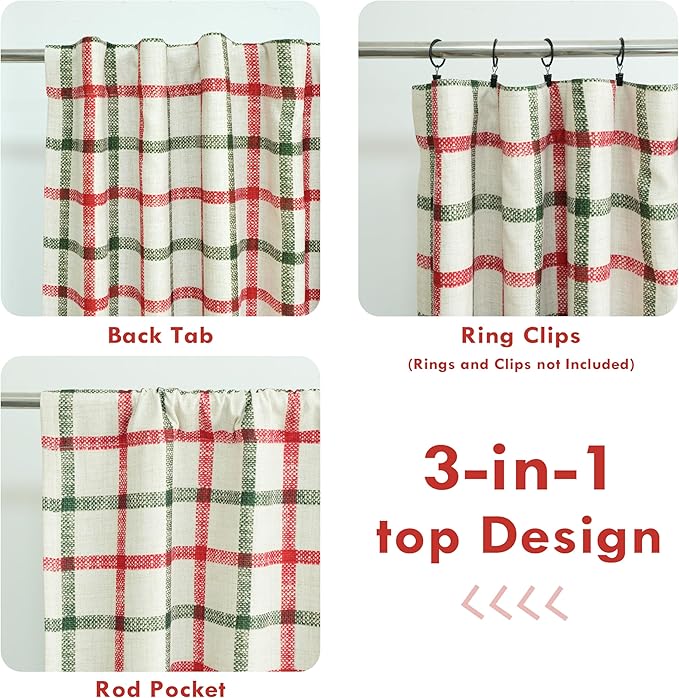 DriftAway 2 Panels 100% Blackout Windowpane Plaid Linen Curtains Double Layer Drapes for Bedroom 63 Inches Long Farmhouse Thermal Insulated 3.25 Inch Rod Pocket Back Tab for Living Room Red Green