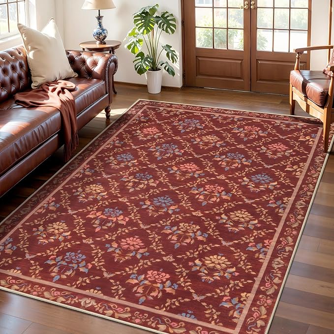 Tangsoo 5x7 Washable Area Rug, Non Slip Moroccan Trellis Red Floral Indoor Rug, Soft Low Pile Floor Carpet for Living Room, Bedroom, Dining Room, Pet & Child Friendly Room Decor, Easy to Clean